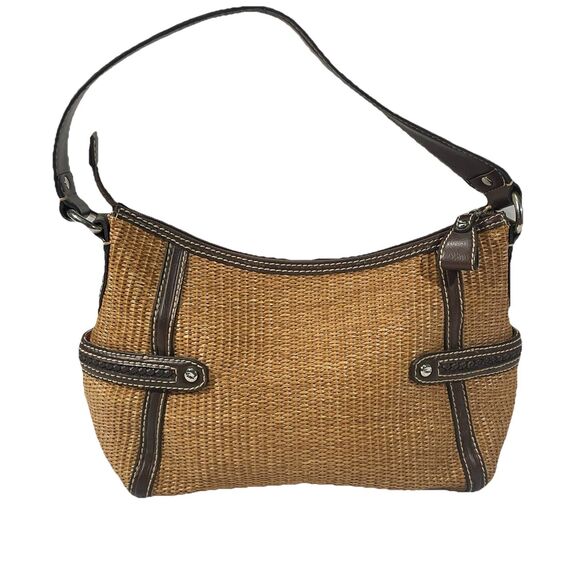 Fossil Straw Leather Multi Compartment Satchel Shoulder Bag Brown Lined 14x8 - Picture 1 of 16